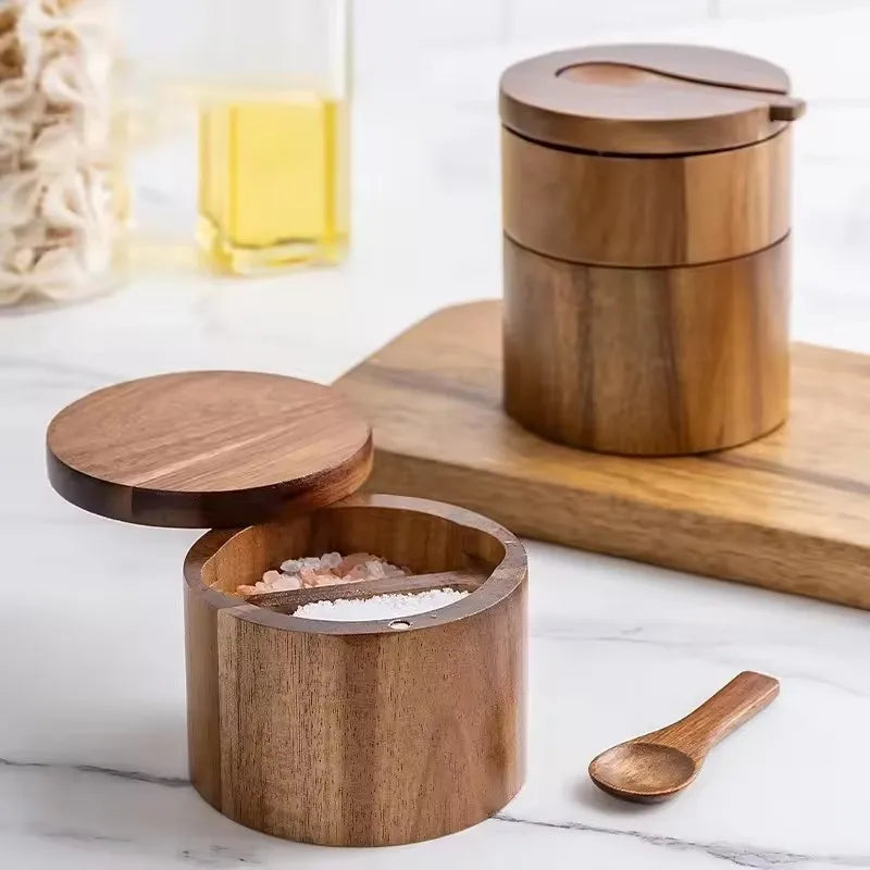 Eco-Friendly Wooden Salt Box – Magnetic Swivel Lid Storage Container